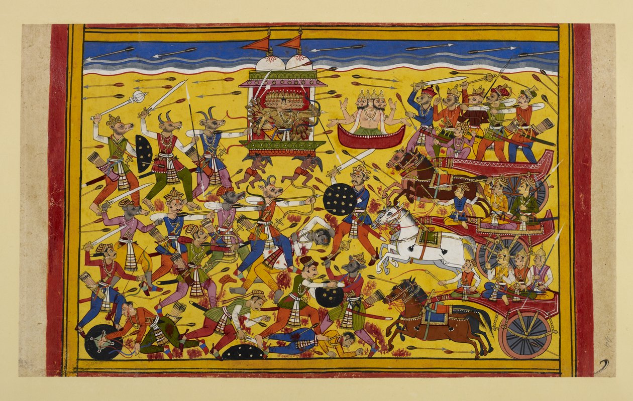 Rāvaṇa egy éven át harcol a Nivātakavacákkal, amíg Brahmā közbelép és békét kötnek. alkotó: Indian School