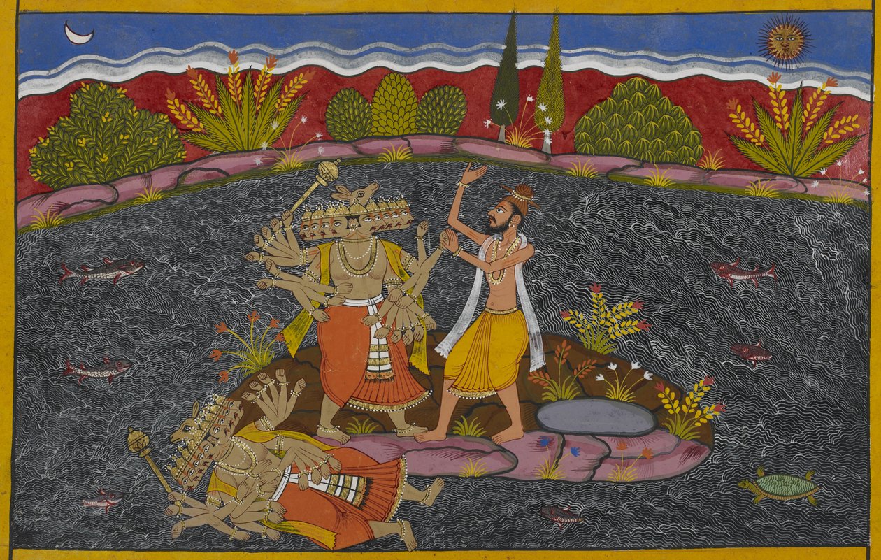 Rāvaṇa megküzd a mahāpuruṣával, a bölcs Kapilával, aki legyőzi őt. alkotó: Indian School