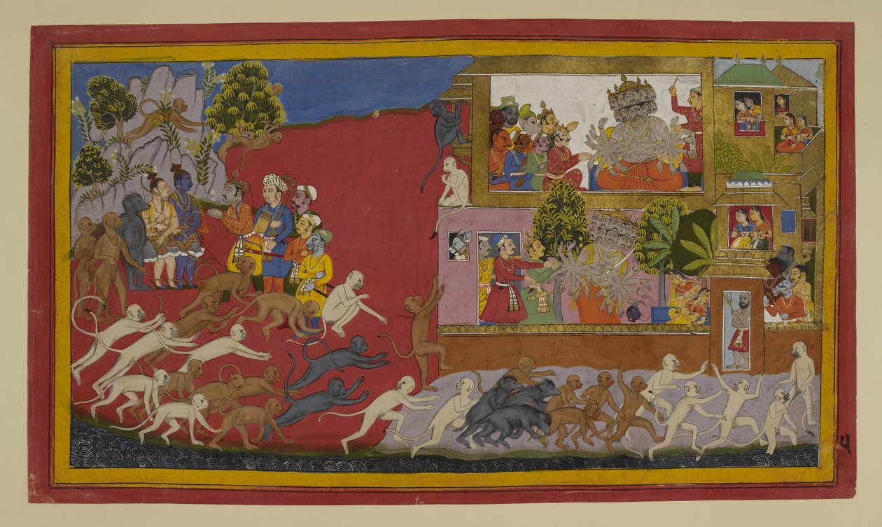 Rāvaṇa megtéveszti Sītāt egy hamis fejjel; a majmok felderítik Laṅkāt. alkotó: Indian School