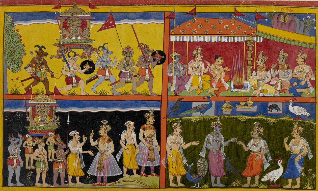 Rāvaṇa megzavar egy áldozatot, az istenek állatokként rejtőznek el, majd felfedik magukat. alkotó: Indian School