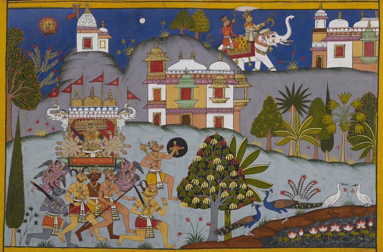Rāvaṇa a Devalokába vonul, miközben Indra az istenek összegyűjtésére és Viṣṇu segítségének kérésére indul. alkotó: Indian School