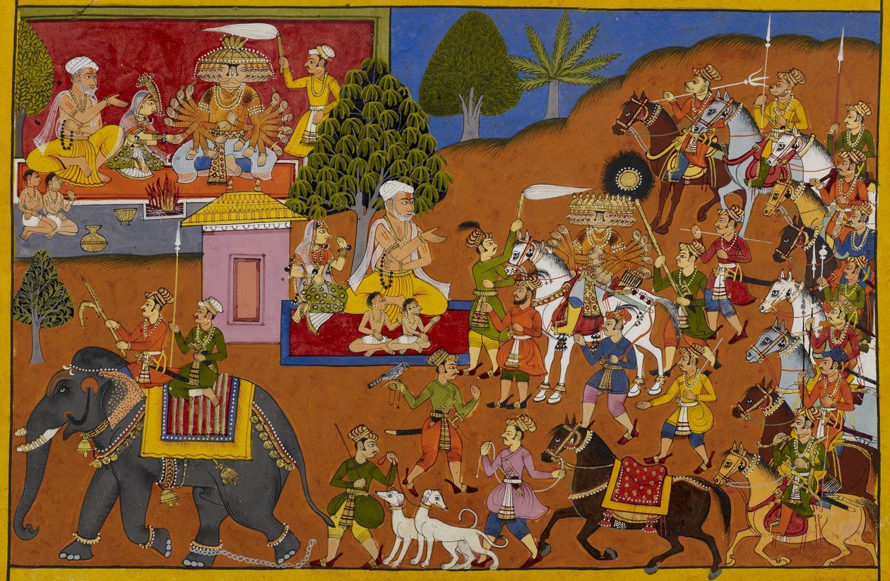 Rāvaṇa találkozik a bölcs Mayával, és feleségül veszi lányát, Mandodarīt. alkotó: Indian School