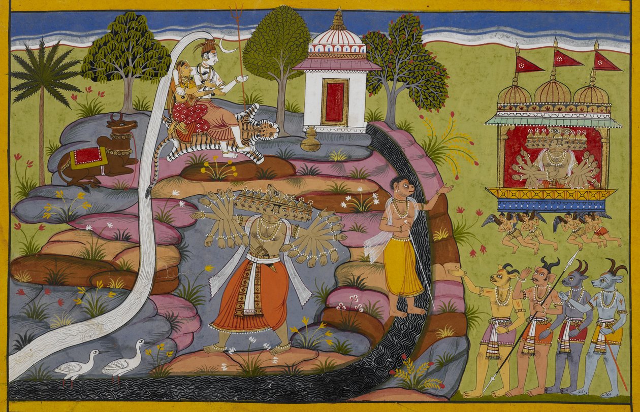 Rāvaṇa meglovagolja a Puṣpaka szekeret, majd felemeli és megrázza a Kailāsa hegyet, hogy kihívja Śivát. alkotó: Indian School