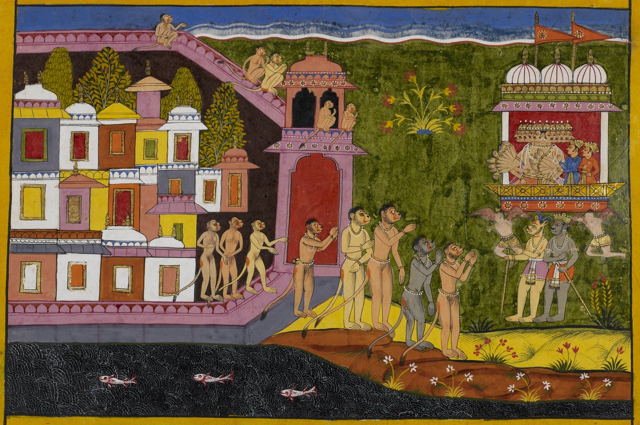 Rāvaṇa megkeresi Balit, és megtudja, hogy a déli óceánnál van. alkotó: Indian School