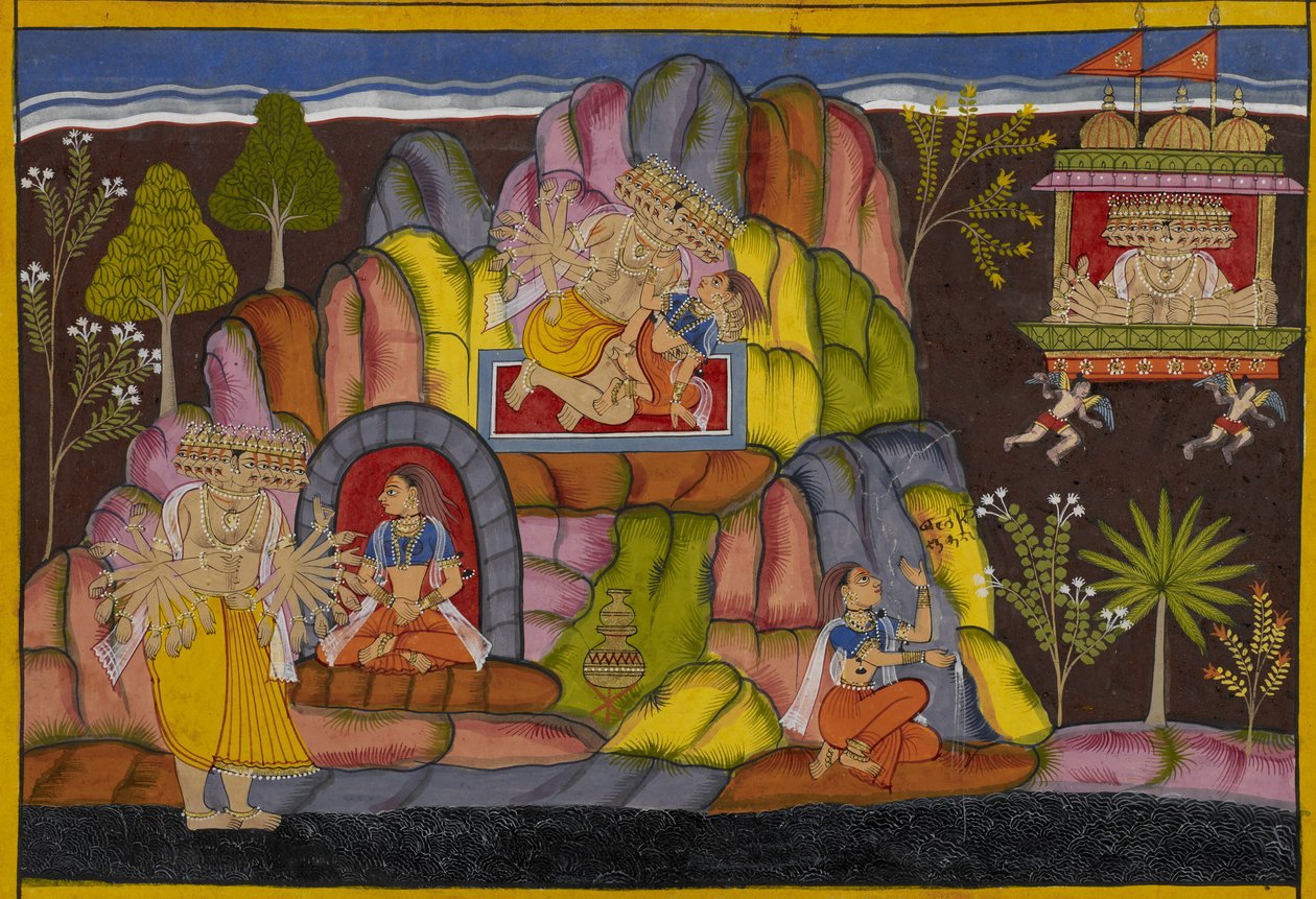 Rāvaṇa megragadja Vedavatīt, aki megátkozza őt, és megfogadja, hogy Sītāként bukását okozza. alkotó: Indian School