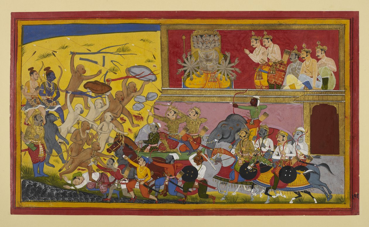 Rāvaṇa elküldi Kumbhát, Nikumbhát és a démonokat, hogy harcoljanak a majmok ellen, Rāma és szövetségesei figyelik. alkotó: Indian School