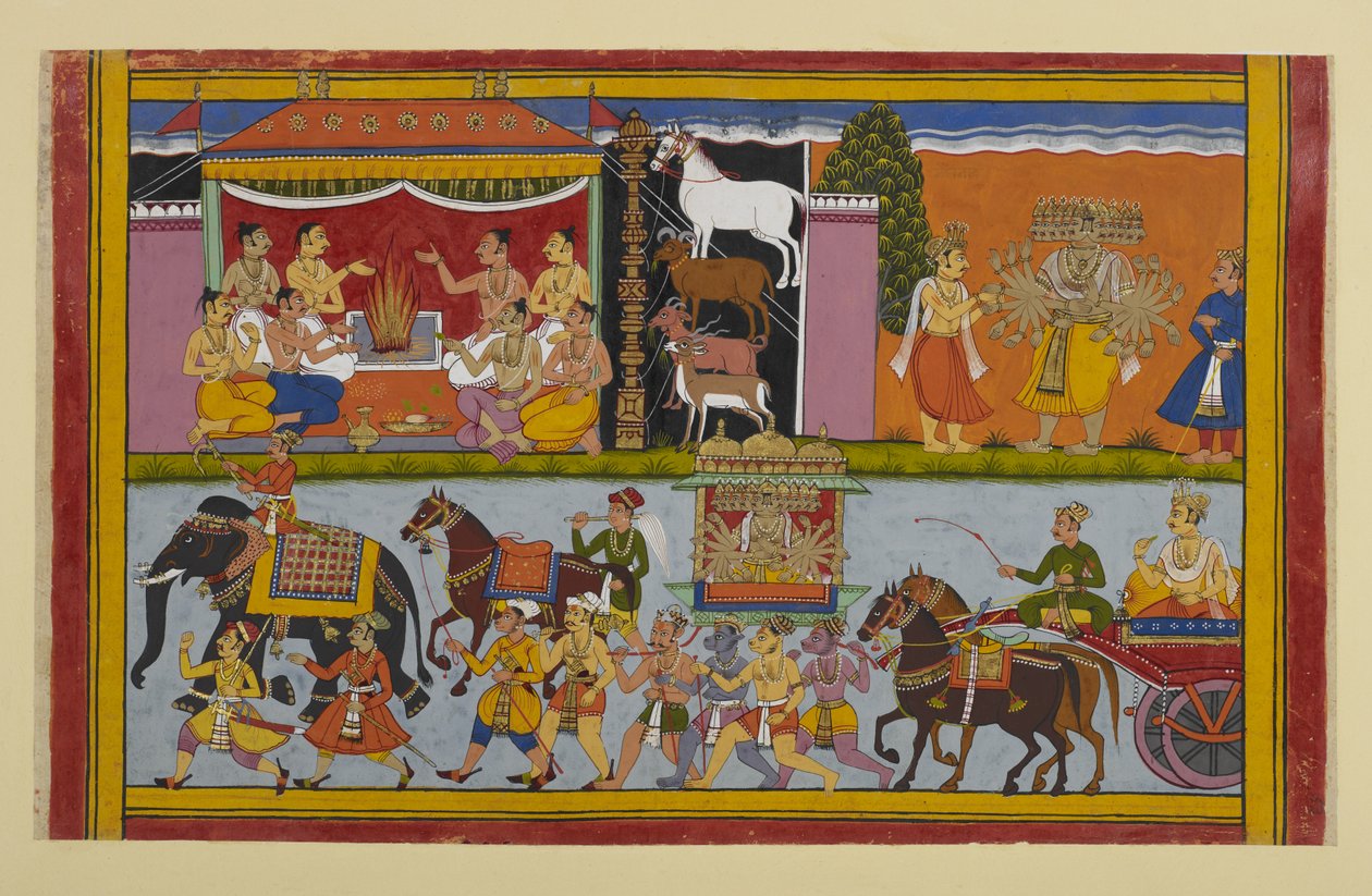 Rāvaṇa ellátogat Nikumbhilába, ahol Meghanāda áldozatokat mutat be az illúzió erejéért. alkotó: Indian School