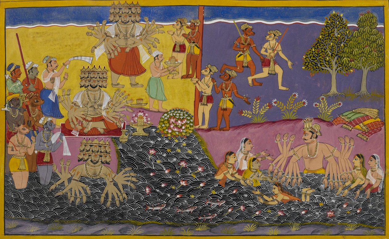 Rāvaṇa imádja a lingát a Narmadánál, miközben Arjuna király a közelben fürdik. alkotó: Indian School