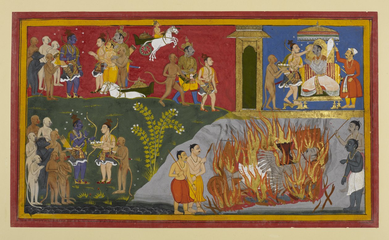 Rāvaṇa temetési szertartásait végzik; Vibhīṣaṇát Lakṣmaṇa királlyá koronázza. alkotó: Indian School