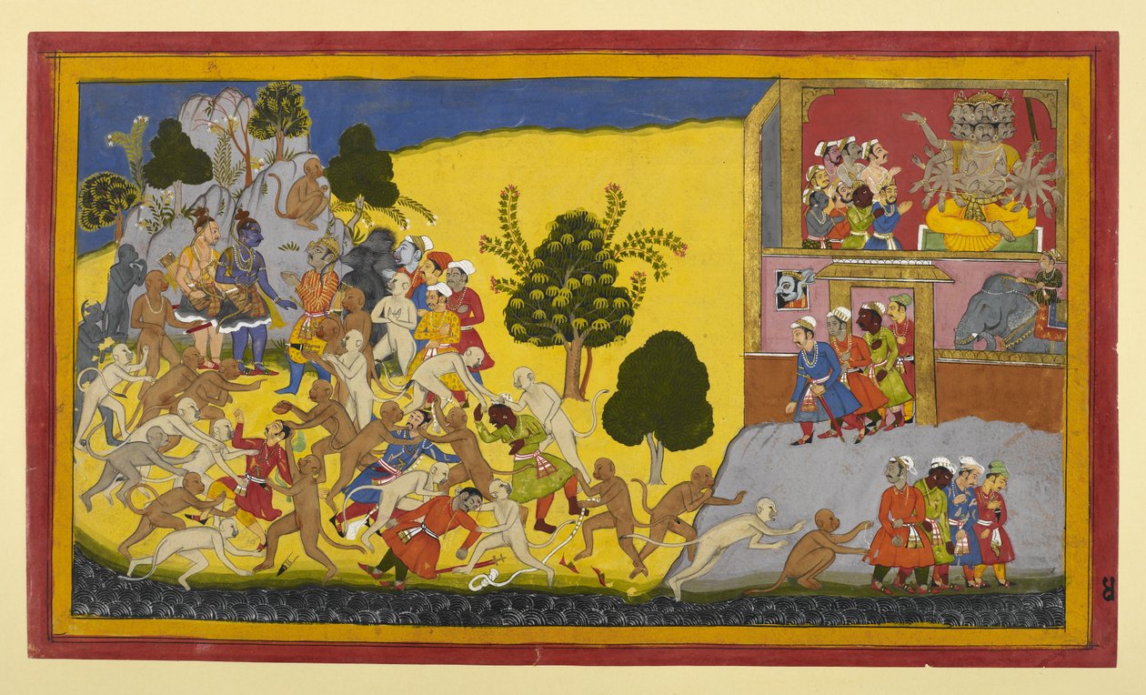 Rāvaṇa kémeit majmok verik meg, és legyőzve térnek vissza. alkotó: Indian School