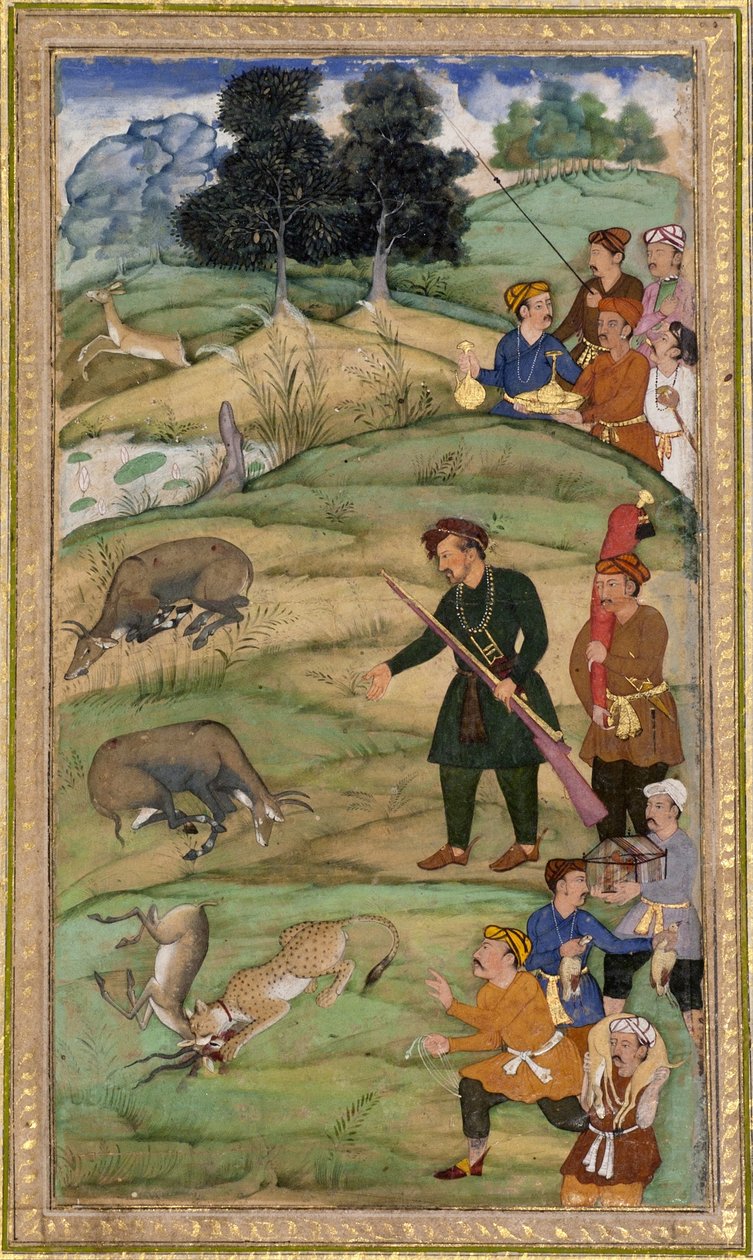 Szalim, a kezében a puskája, egy halott nilgáj felé mutat, 1600 körül (átlátszatlan wc és arany a papíron) alkotó: Indian School