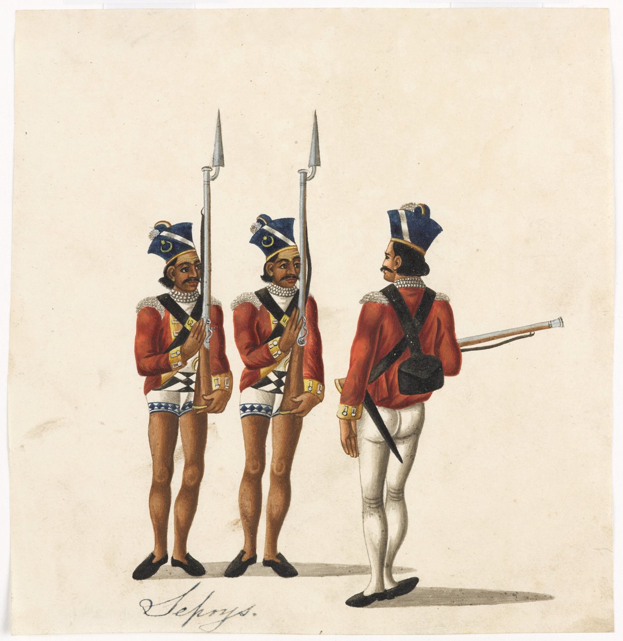 Sepoys és egy indiai tiszt, bengáli hadsereg, 1815 körül (akvarell papíron) alkotó: Indian School