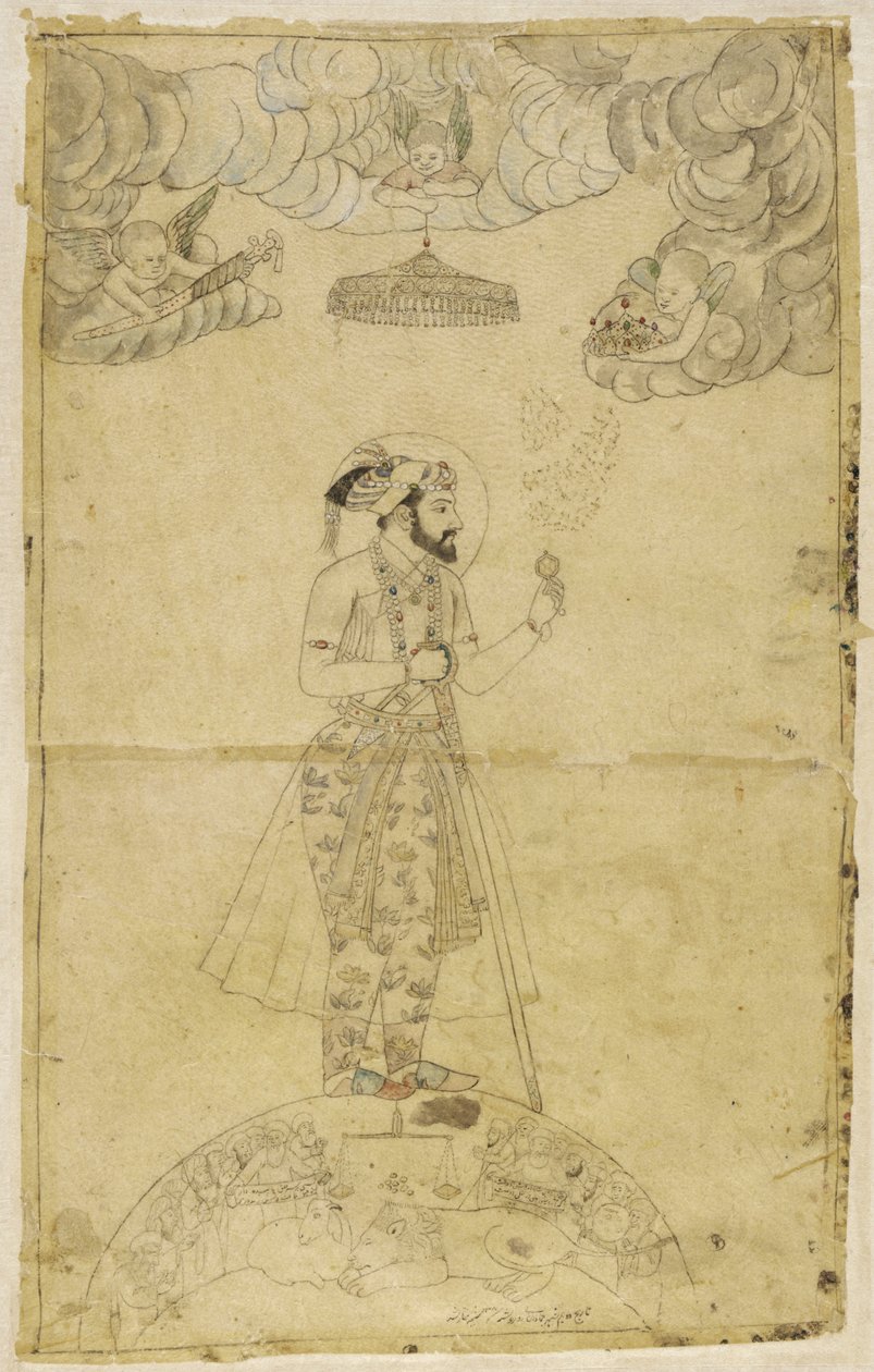 Shah Jahan egy földgömbön áll (arany és színes papíron) alkotó: Indian School