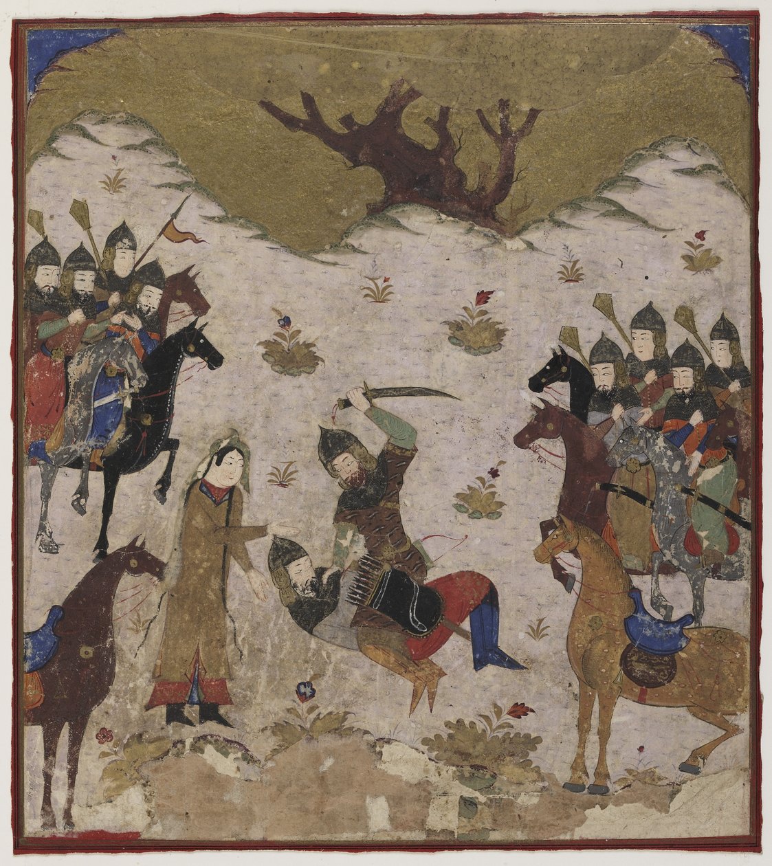 Shahru Burzut Rusztam unokájaként azonosítja a Rustam és Burzu közötti utolsó harc során, 1425-50 körül (átlátszatlan akvarell és arany a papíron alkotó: Indian School