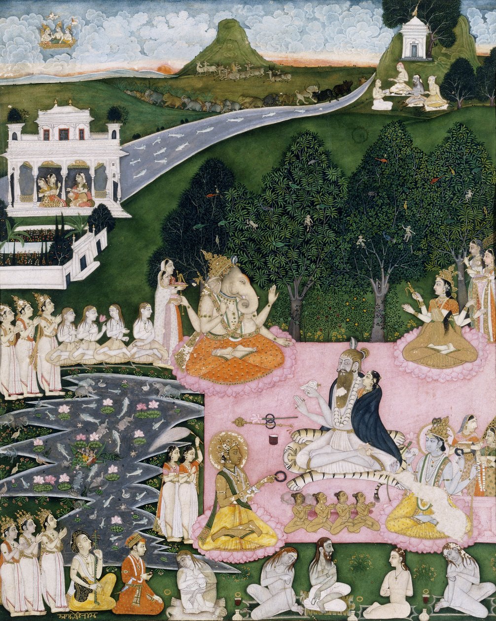 Shiva tigrisbőrön ülve tartja Devit köpenybe burkolva, 1760 körül alkotó: Indian School