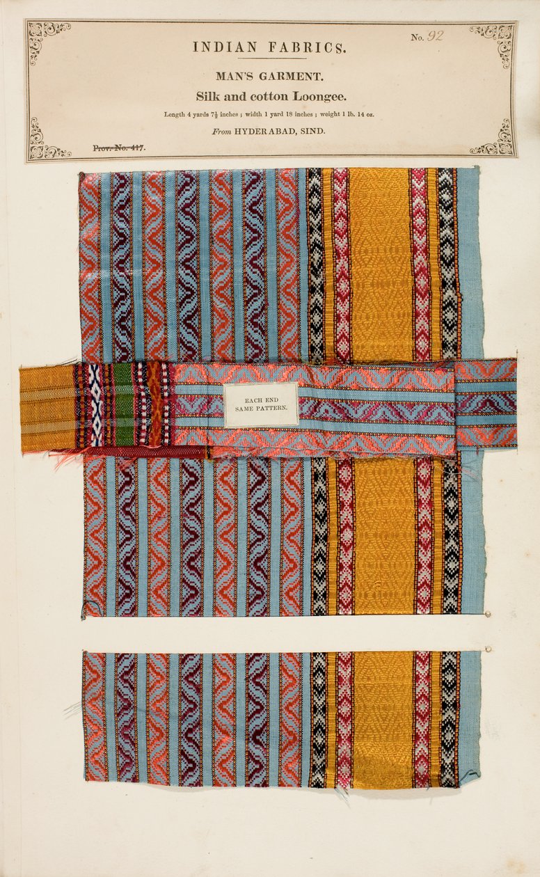 Selyem és pamut Loongee minta a Sind-i Hyderabadból, az Indiai Textilgyártók Gyűjteményéből, John Forbes Watsontól, 1866-ban megjelent alkotó: Indian School