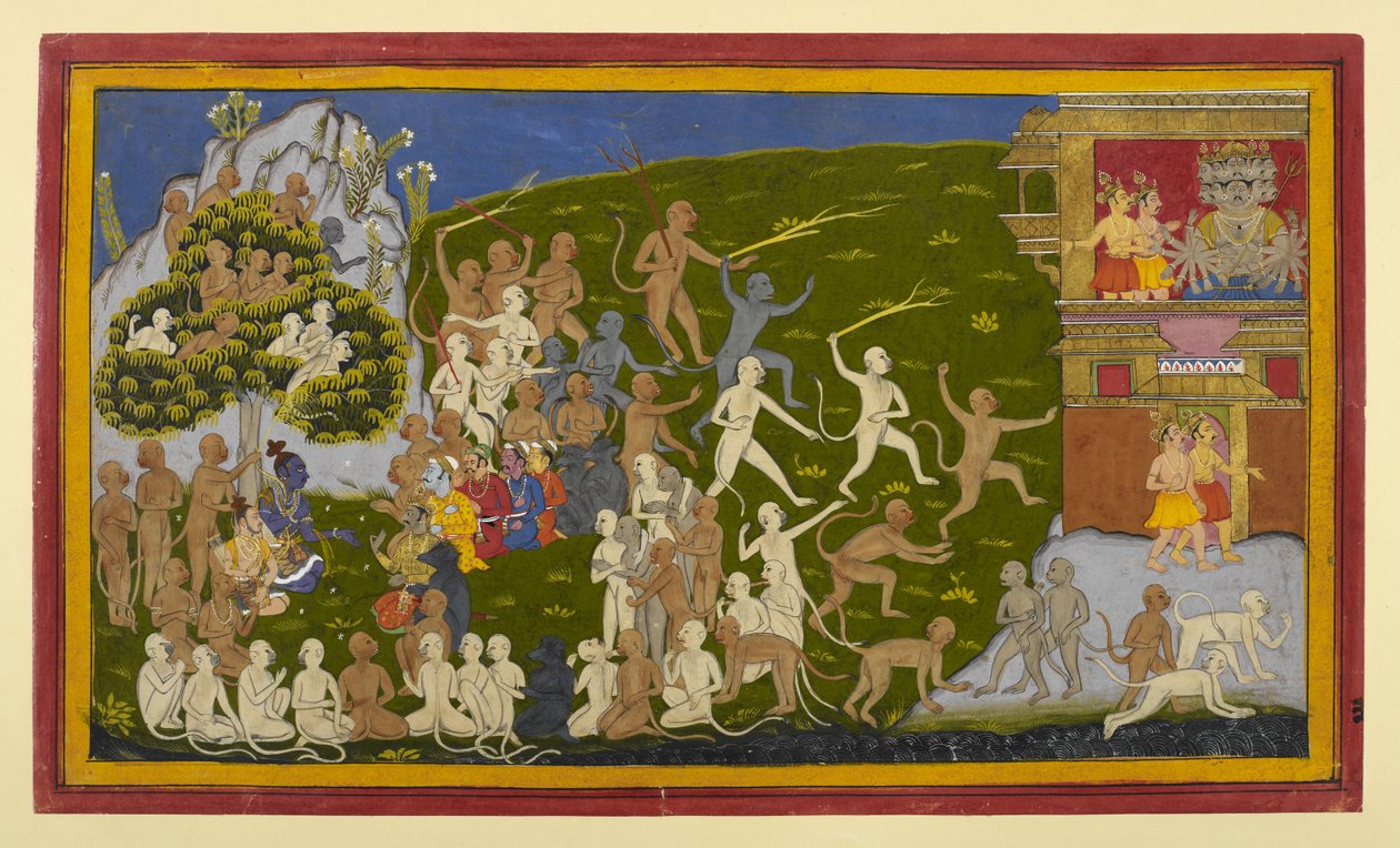 Śuka és Sāraṇa kémeket elfogták, jelentést tesznek Rāvaṇának; a majmok zaklatják Laṅkāt. alkotó: Indian School