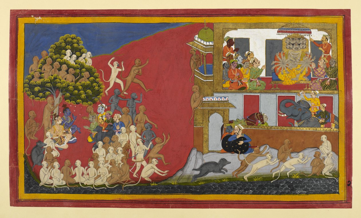 Śuka és Sāraṇa kémek ellenséges információkat keresnek, miközben Rāma szövetségesei bekerítik Laṅkāt. alkotó: Indian School