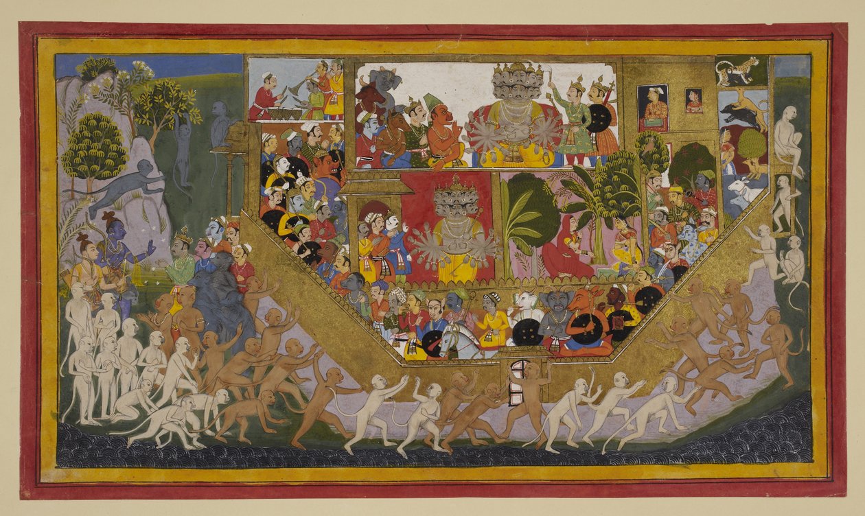 Sītā a halálért könyörög; Rāvaṇa felkészíti erőit, miközben Rāma szövetségesei Laṅkāt ostromolják. alkotó: Indian School