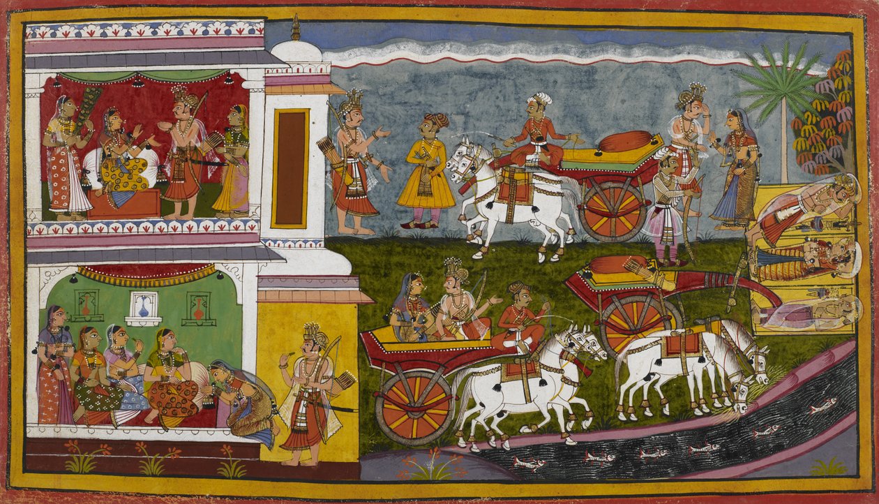 Sītā Lakṣmaṇával együtt meglátogatja a remeteségeket, és megpihen az egyikben a Gaumati folyó mellett. alkotó: Indian School
