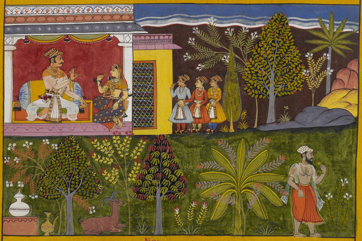 Sukeśa a bűnbánat révén elnyeri a rākṣasas feletti uralmat, és a családjával együtt jelenik meg. alkotó: Indian School