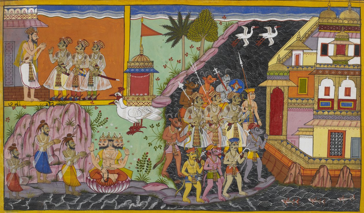 Sukeśa fiai áldást kapnak Brahmātól, és a titánokkal együtt visszatérnek Laṅkāba. alkotó: Indian School