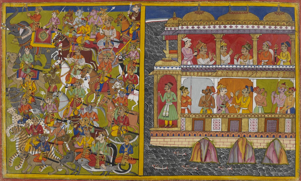 Sukeśa fiai Laṅkāból indulnak Viṣṇu és az istenek ellen. alkotó: Indian School