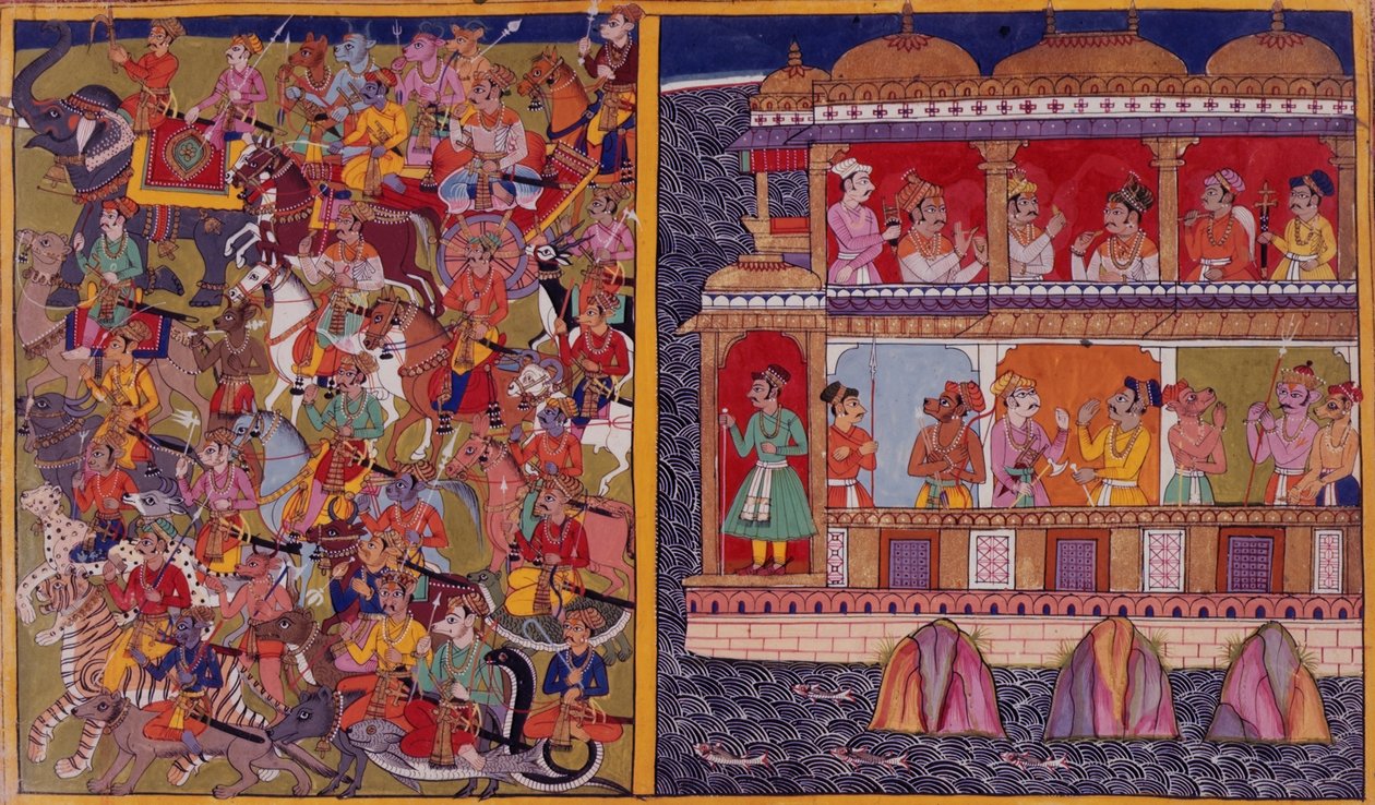 Sukesha fiai csatára készülnek, a „Ramayana, Uttara Kanda” 1653-ból (vellum) alkotó: Indian School