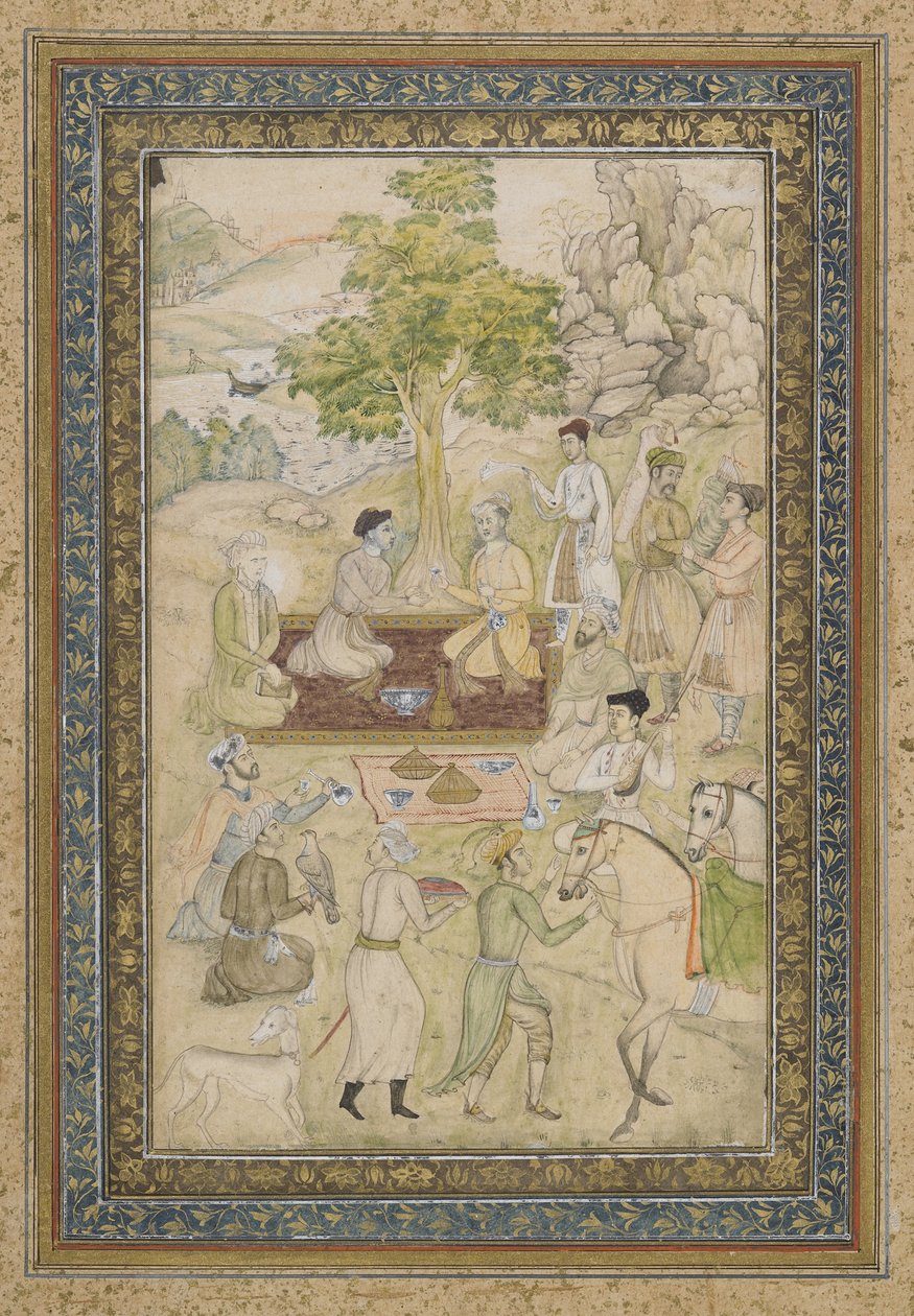 Murád szultán és Daniyal szultán pikniken, különálló albumfólió festménnyel, 1900 körül alkotó: Indian School