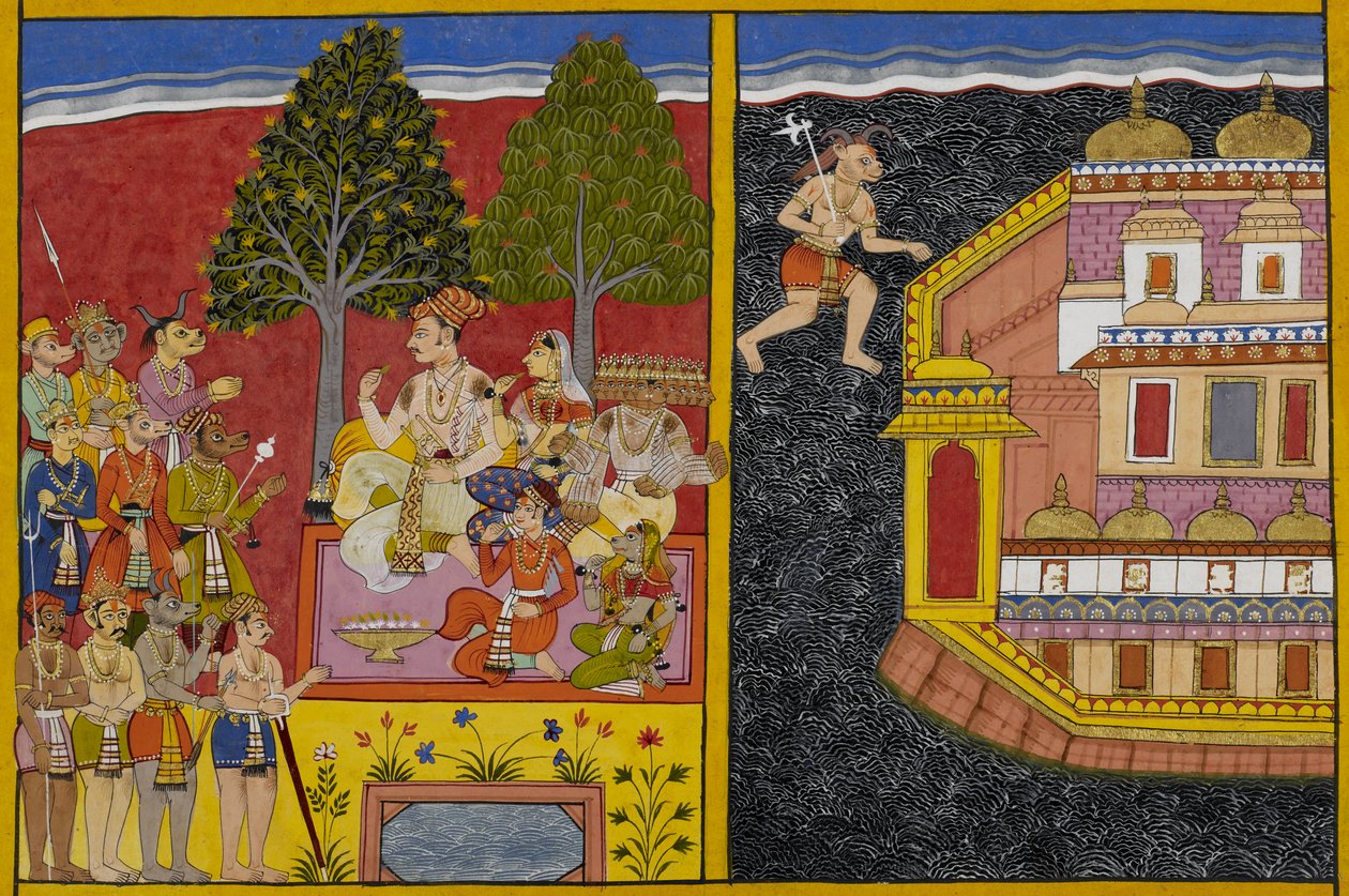 Sumāli sürgeti Rāvaṇát, hogy ragadja meg Laṅkāt, miközben Prahasta Vaisravaṇa jóváhagyását kéri. alkotó: Indian School