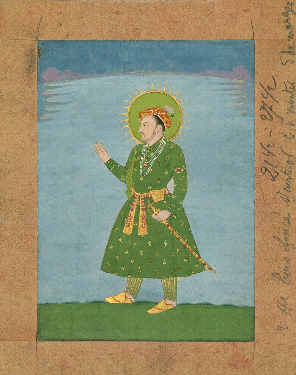 Dzsahangir 4. mogul császár (ur. 1605-1627), kb. 17. század eleji miniatűr festmény (tinta és pigmentek barna papíron) alkotó: Indian School