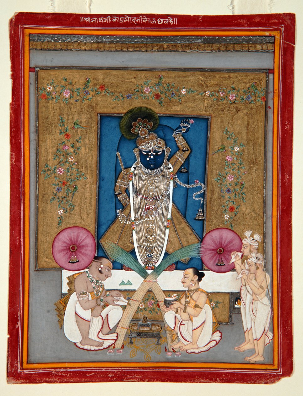Krsna imádása Shrinath jiként, 1800-25 (átlátszatlan wc és arany papíron) alkotó: Indian School
