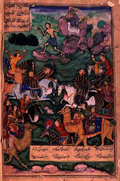 A klánok csatája, 15b. fólió a Layla és Majnun című versből, Amir Khusrau Dihlavi (1253-1325) írta Nizami, Moghal Khamsa (kvintett) története alapján, 1600 alkotó: Indian School