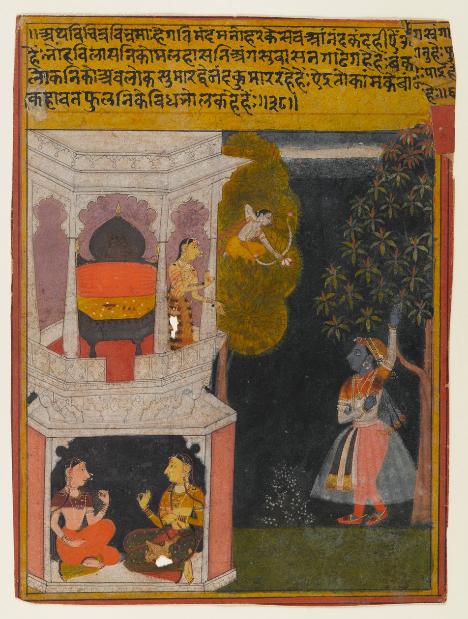 The Bewildered Nayika, oldal egy Rasikapriya sorozatból, 1660-1690 körül (átlátszatlan wc és arany papíron) alkotó: Indian School