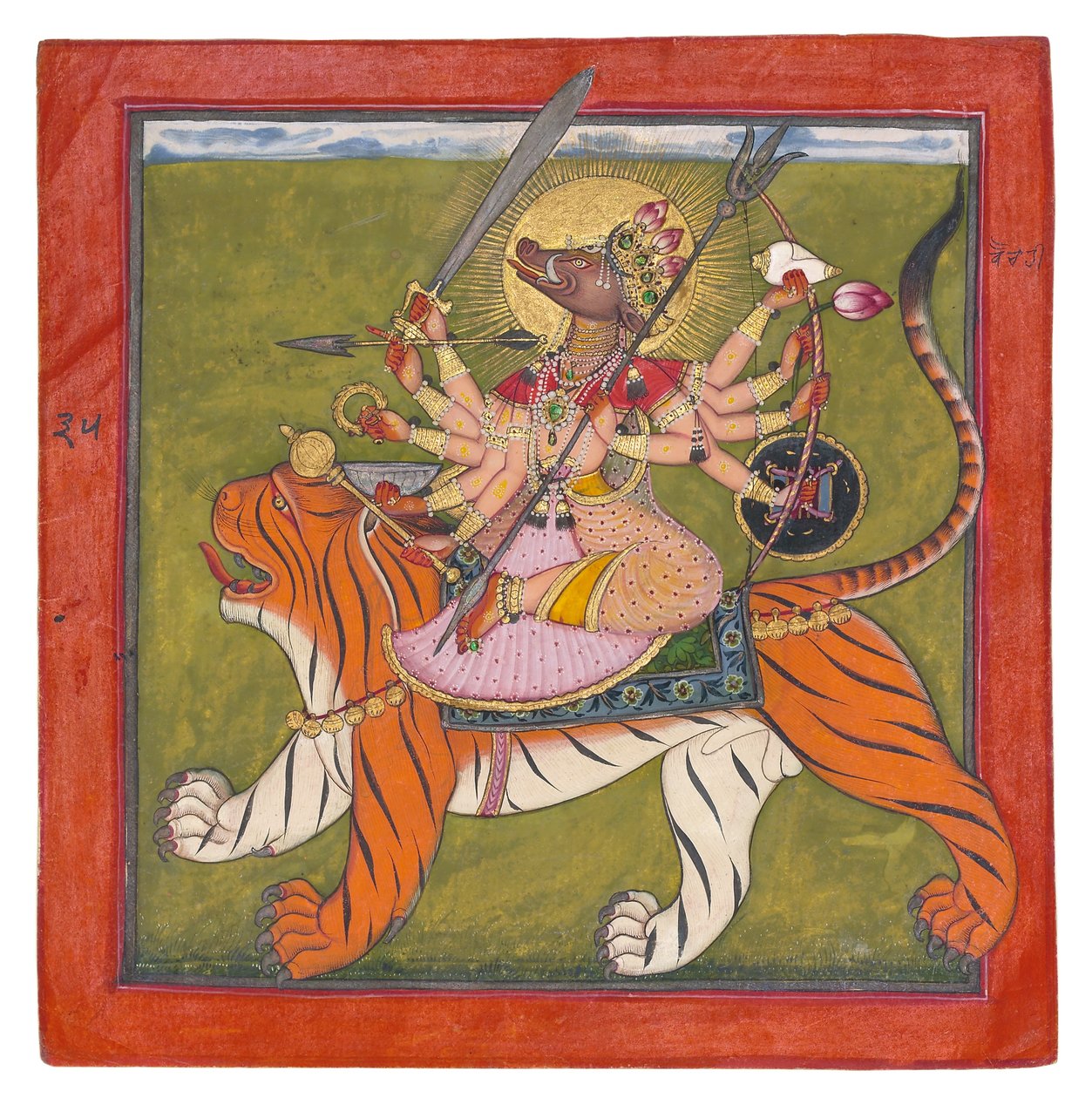 A vaddisznó arcú istennő, Varahi, 1660-70 körül (átlátszatlan wc, arany, bogárpántok papíron) alkotó: Indian School