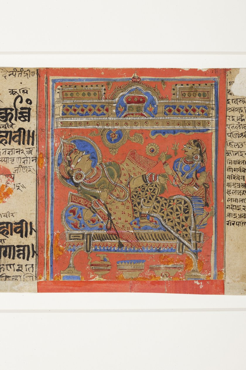 A Brahmani Devananda a kanapén, a Kalpasutrából (papíron átlátszatlan wc) alkotó: Indian School