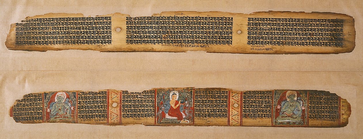 Buddha mézet osztogat, egy Prajnaparamita kéziratból, Nyugat-Bengálból (átlátszatlan akvarell és tinta pálmalevélen) alkotó: Indian School