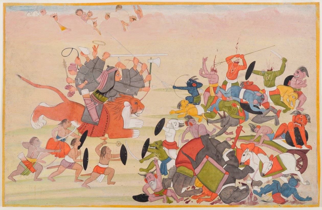 A Devi legyőzi Mahishasurát, egy szétszórt Devi Mahatmya sorozatból származó fóliót, 1770-80 körül (wc papíron) alkotó: Indian School