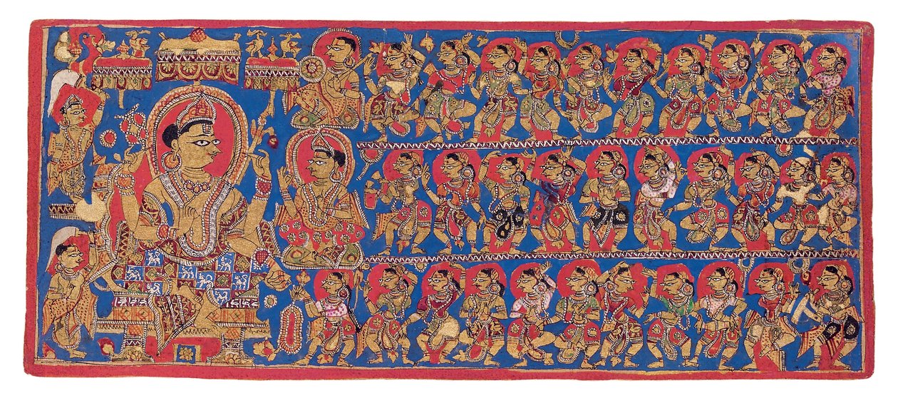 Indra mennyei udvara, a „Devasanaparo Bhandar” Kalpasutra, 1475 körül (átlátszatlan akvarell és arany papíron) alkotó: Indian School