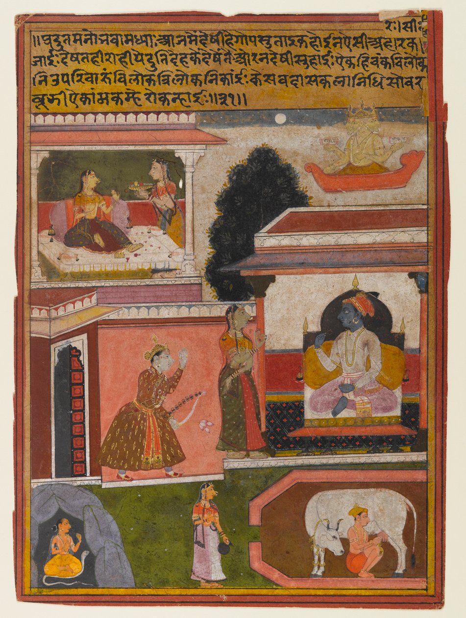 A hősnő, akinek nyilvánvalóak a vágyai, oldal egy Rasikapriya sorozatból, 1660-1690 körül (átlátszatlan wc és arany papíron) alkotó: Indian School