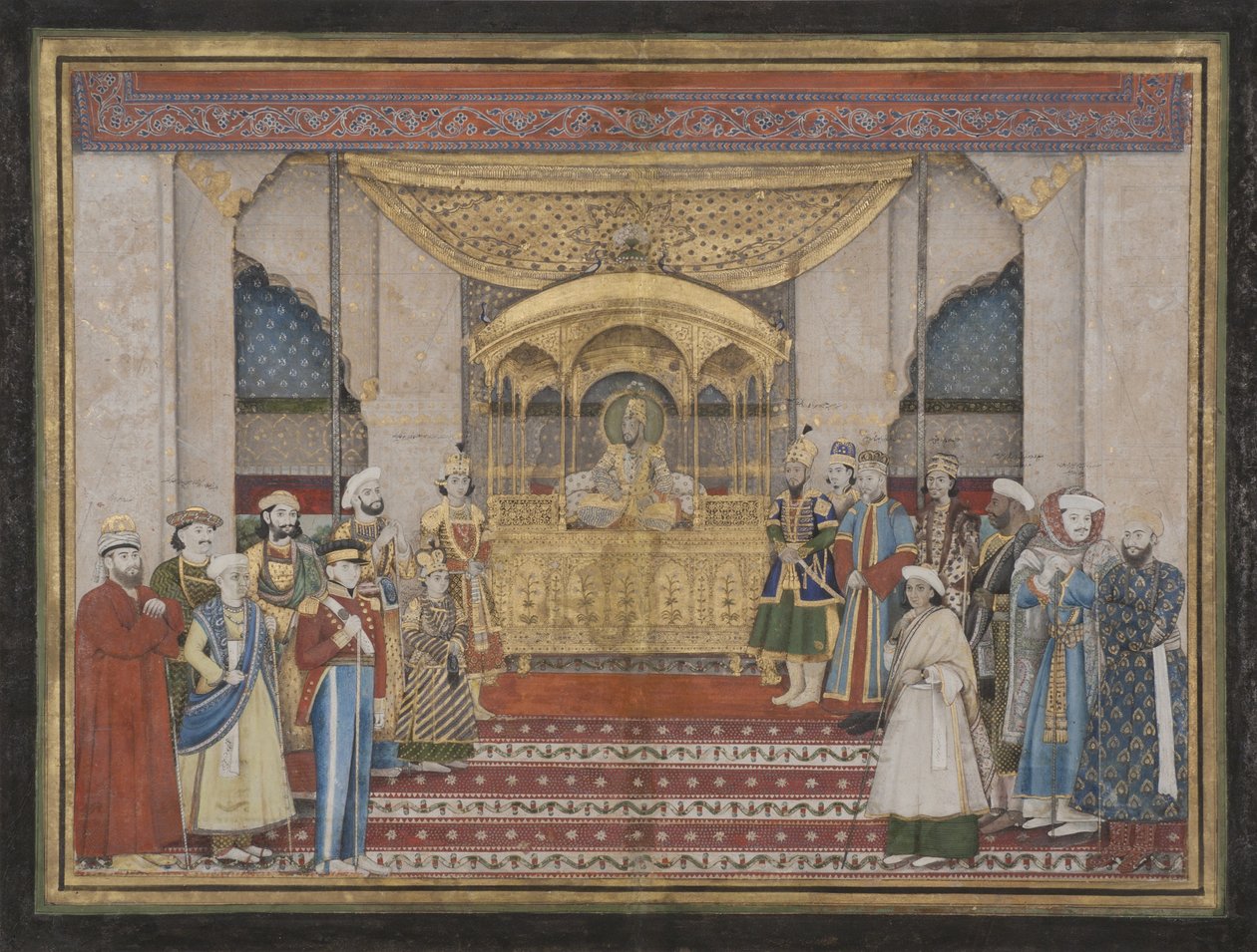 II. Bahadur Shah mogul császár Darbarban, 1839 (átlátszatlan wc és arany a papíron) alkotó: Indian School