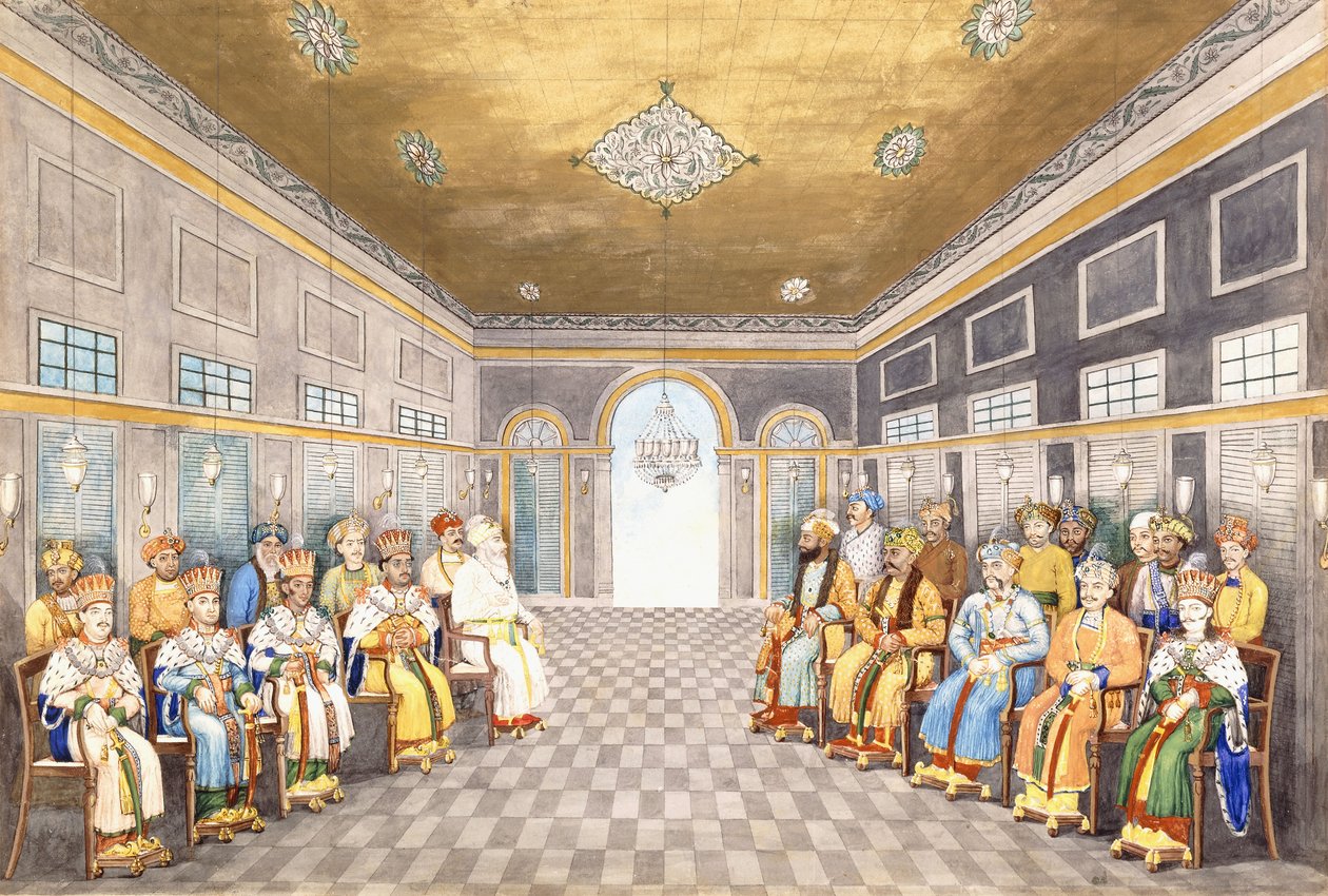 A navabok és Oudh királyai egy palota belsejében szolgáikkal, 1800 körül alkotó: Indian School