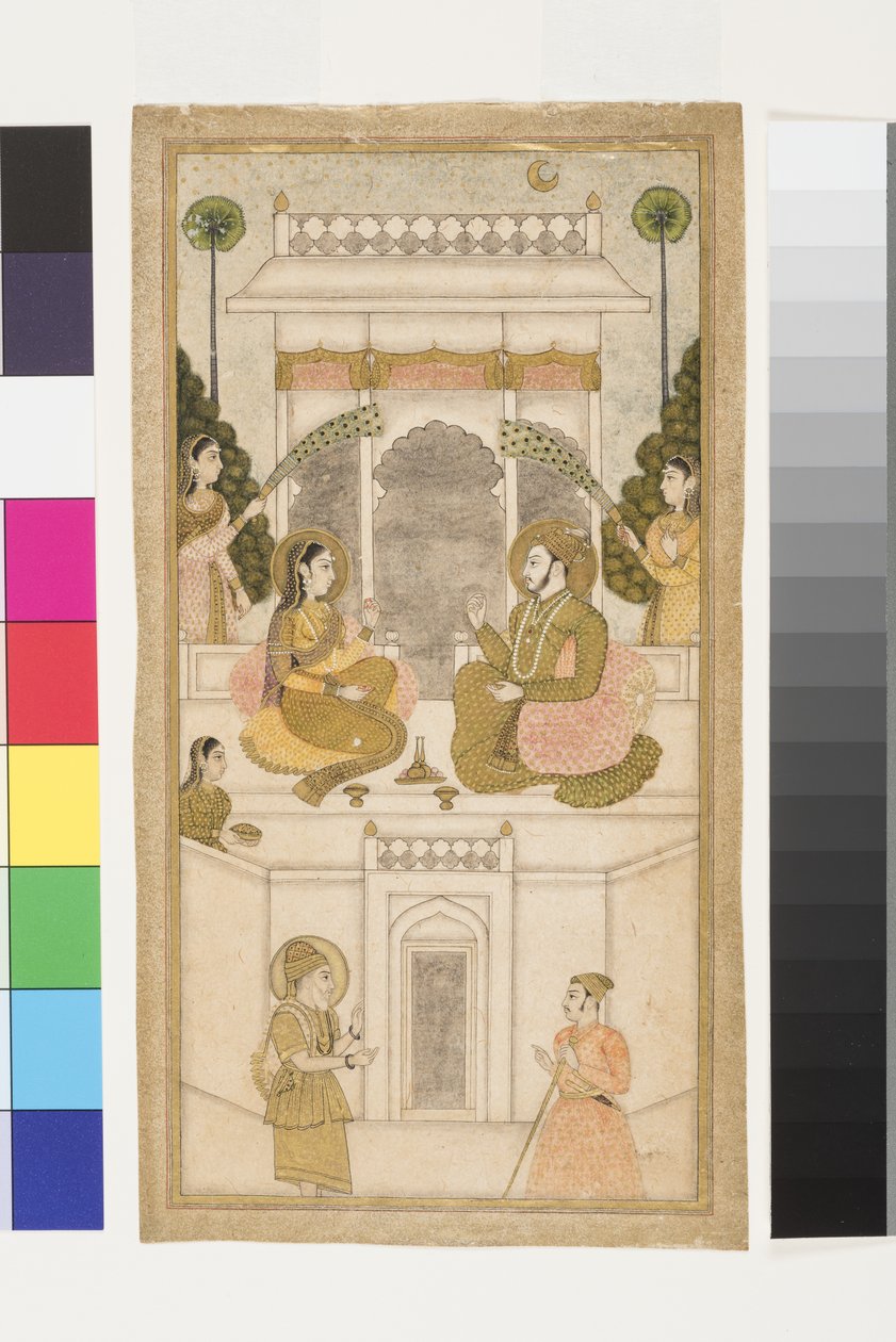 Golconda szultána, Quli Qutb Shah, hitvesével ül, 1700-25 (átlátszatlan wc és arany papíron) alkotó: Indian School
