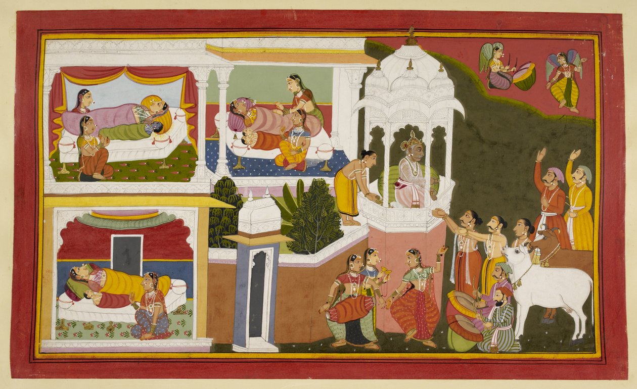 Dasaratha király négy fiának születése. Rama, Bharata, Lakshmana és Satrughna. alkotó: Indian School