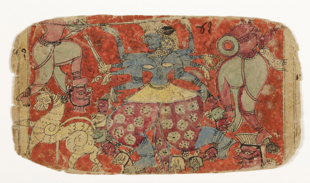 Kali istennő harcol a démonokkal, Durga megtámadja a Shambha és Nishumbha démonokat (papíron átlátszatlan wc) alkotó: Indian School