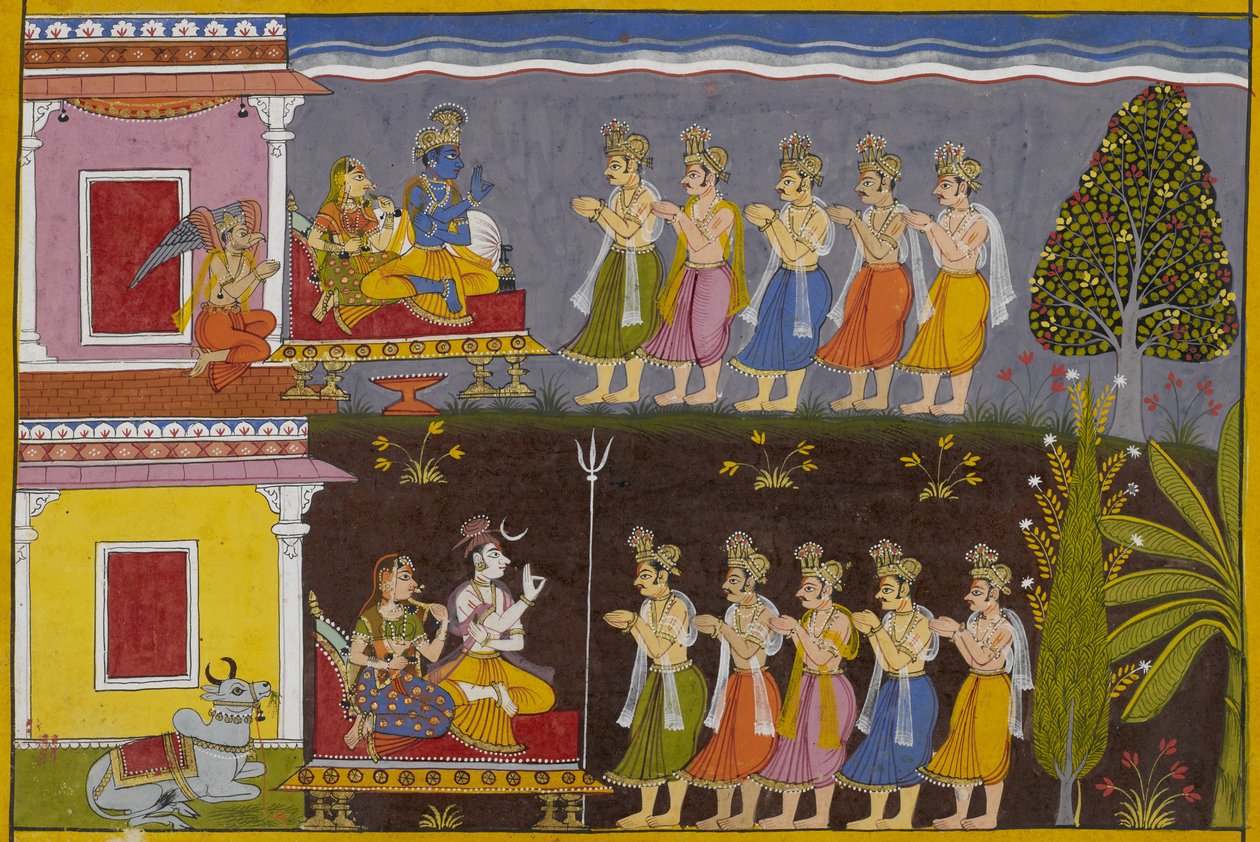 Az istenek megkérik Śivát, hogy pusztítsa el a rākṣasákat; ő Viṣṇuhoz irányítja őket, aki beleegyezik. alkotó: Indian School