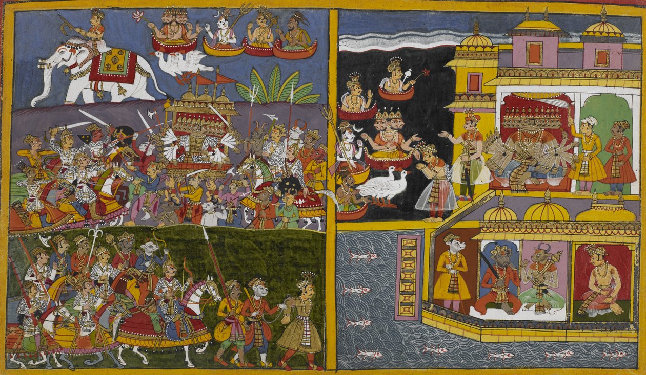 Az istenek tanúi annak, hogy Indrát Ravani elfogja, és később könyörögnek Ravana szabadon bocsátásáért. alkotó: Indian School