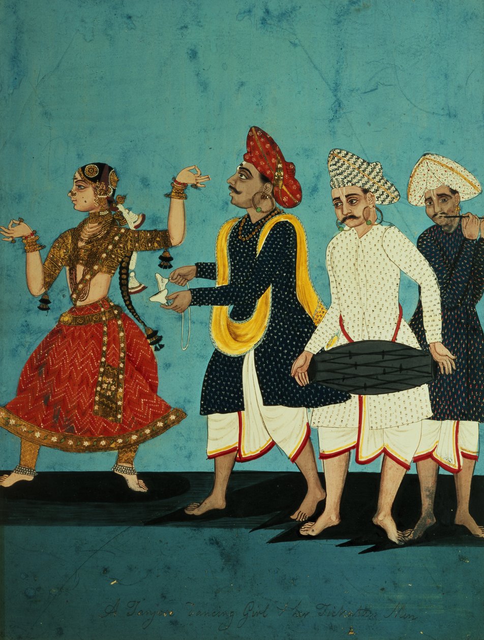 Három zenész és egy táncoló lány, Tanjore, Tamil Nadu, 1850 körül alkotó: Indian School