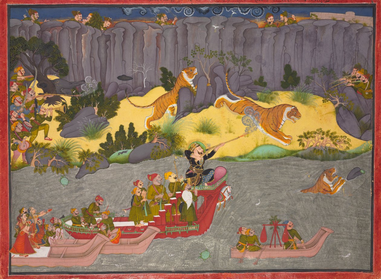Raja Ram Singh II. tigrisvadászata, 1830-40 körül (fedetlen akvarell, ezüst és arany, papír) alkotó: Indian School