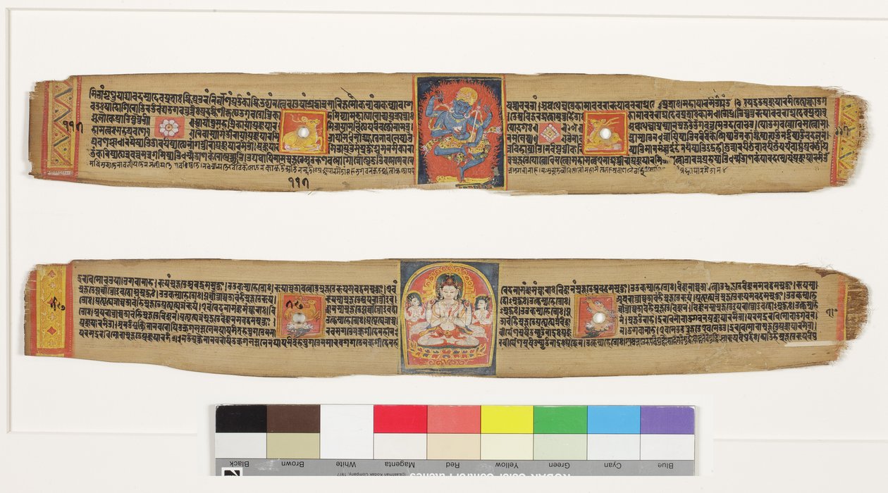Felső: Dancing Shaver; Alul: Bodhisattva Sadakshi Awolokiteshwara and Attendants, CII- (OPQW & Inc. a pálmalevélen) alkotó: Indian School